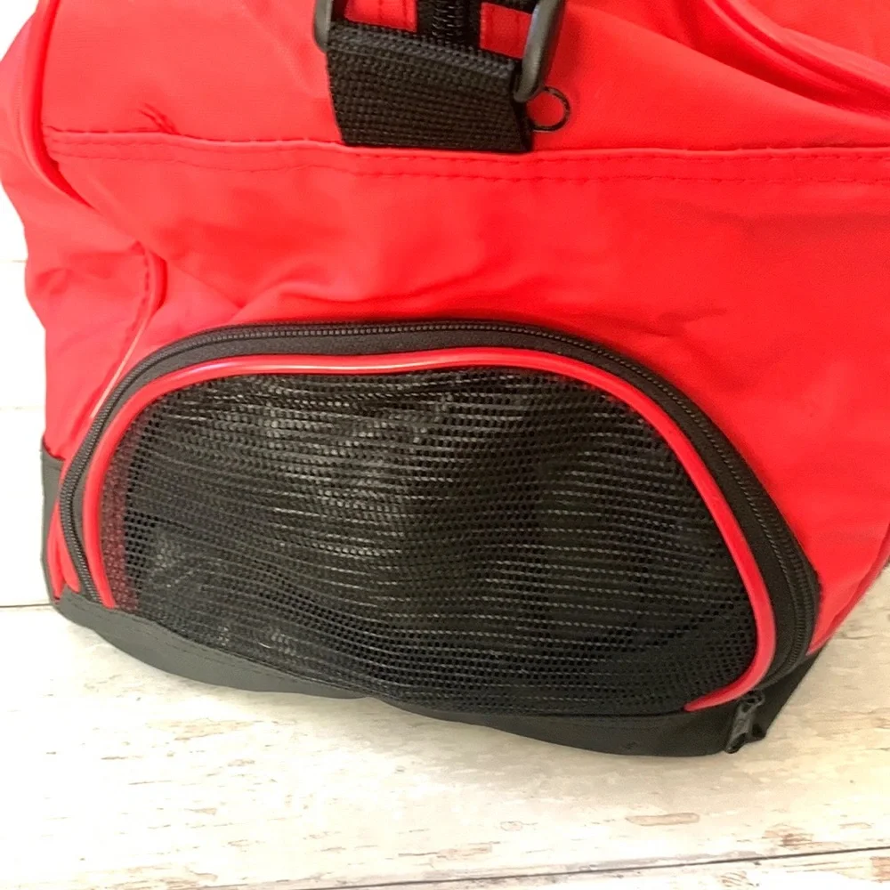Red Black Duffel Bag Gym Bag Vinyl Material Travel Overnight Bags 18 x 10 x 10in